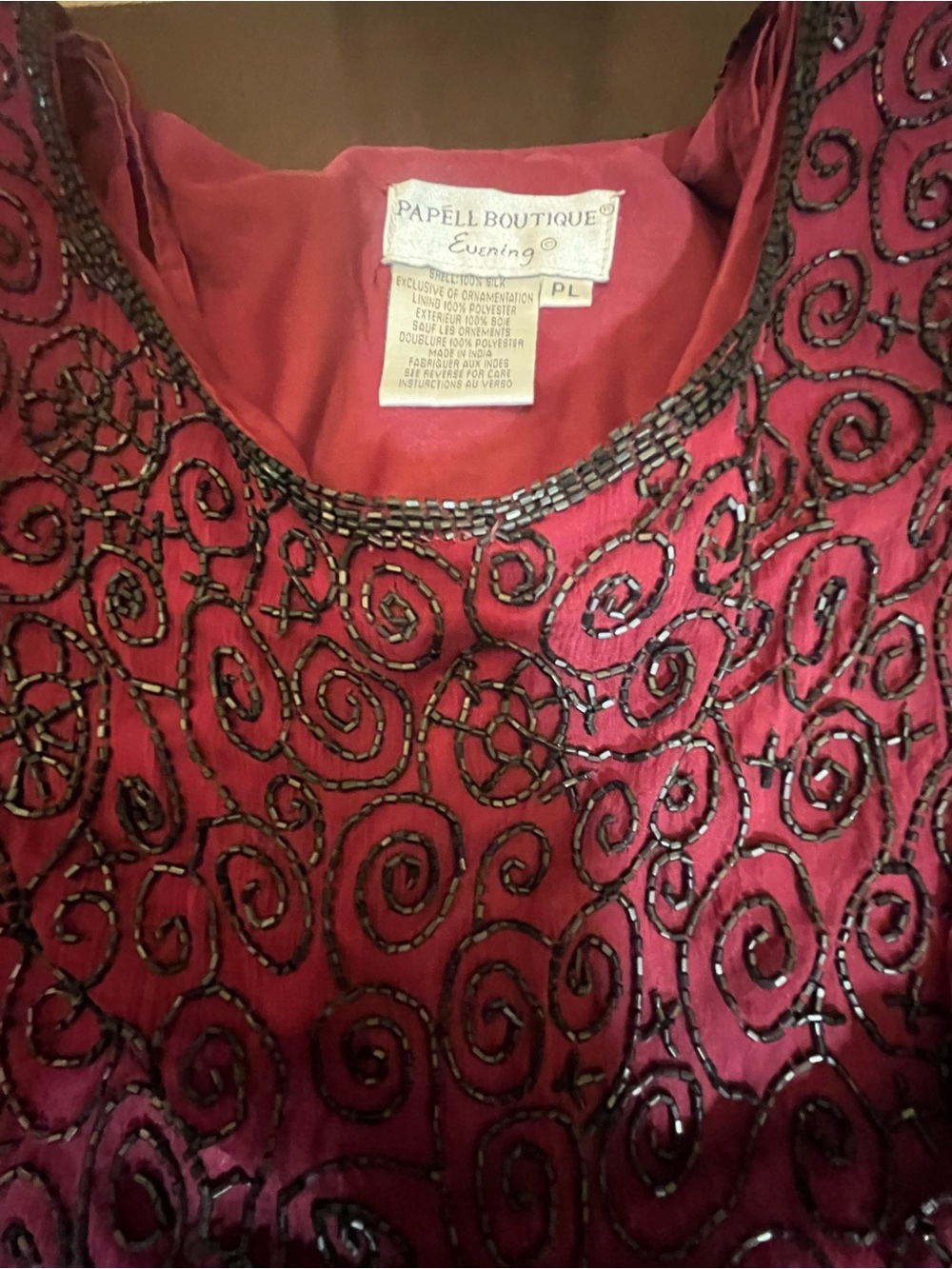 Papell Boutique Red Evening Dress with Black Beaded Swirls